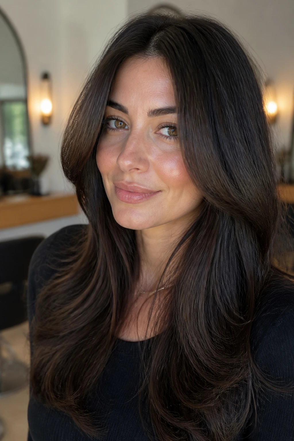 Close-up of dense hair with invisible internal layers and a polished outer perimeter
