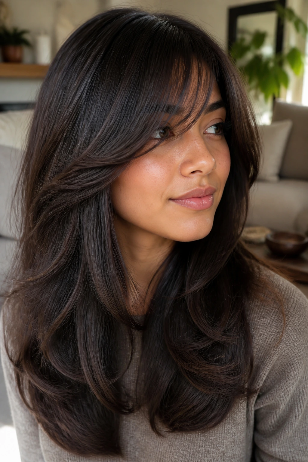 Close-up portrait of a real woman with internal layers in dense hair