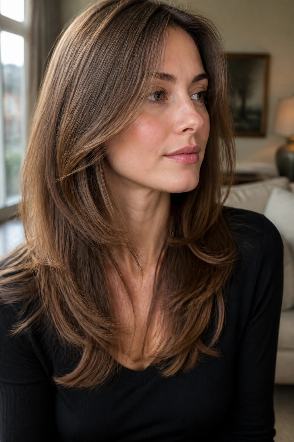 Portrait of a real woman with fine density hair and subtle internal layers