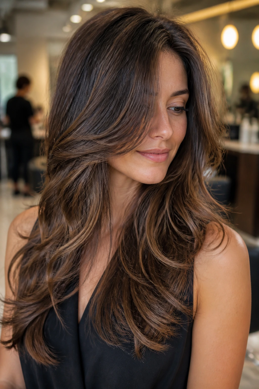 Close-up of a real woman with invisible internal layers creating subtle crown volume