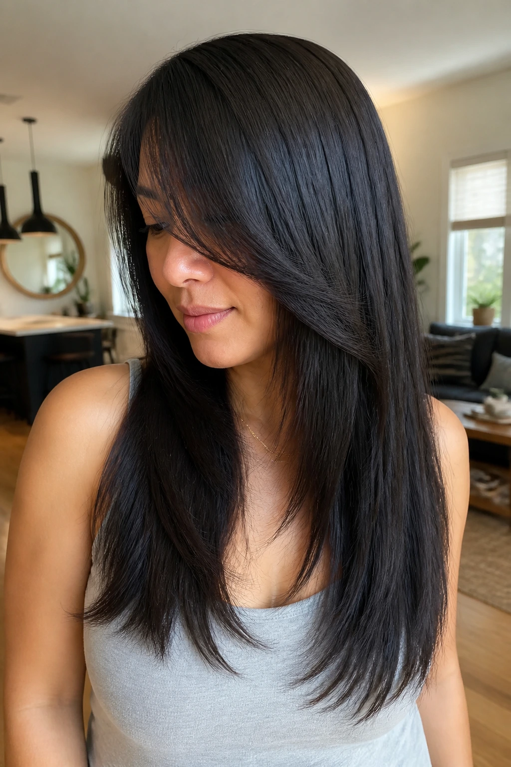 Close-up portrait: real woman with internal layers in heavy straight hair