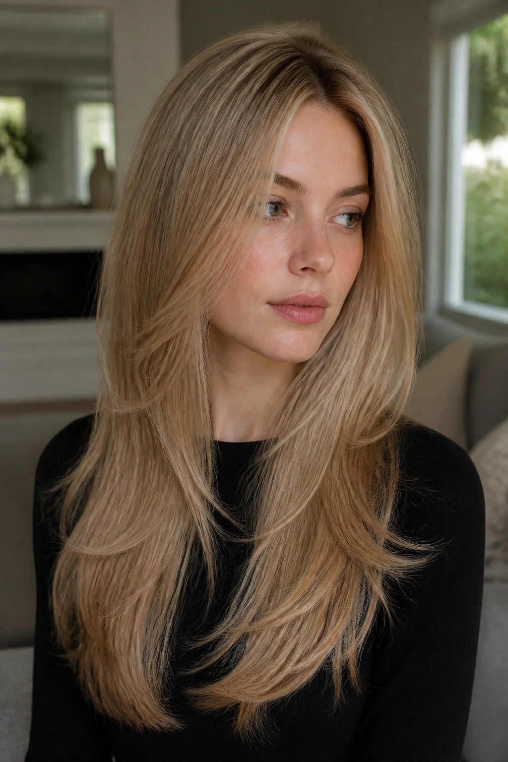 Close-up portrait of a real woman with long fine hair showing internal weight-removal layers.