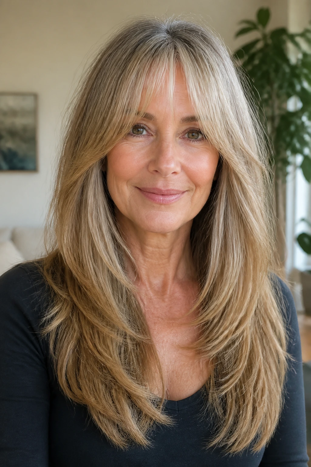Close-up portrait of a real woman with internal layers in long hair and curtain bangs.