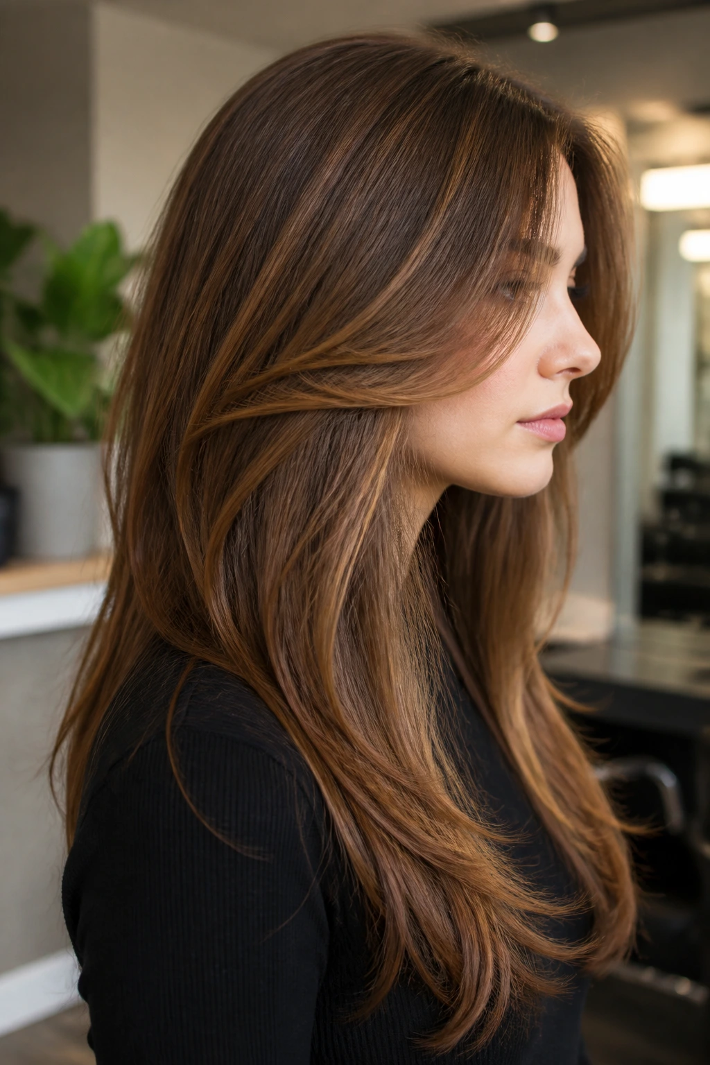 Side profile of a real person with long hair showing inner layers and a thick perimeter
