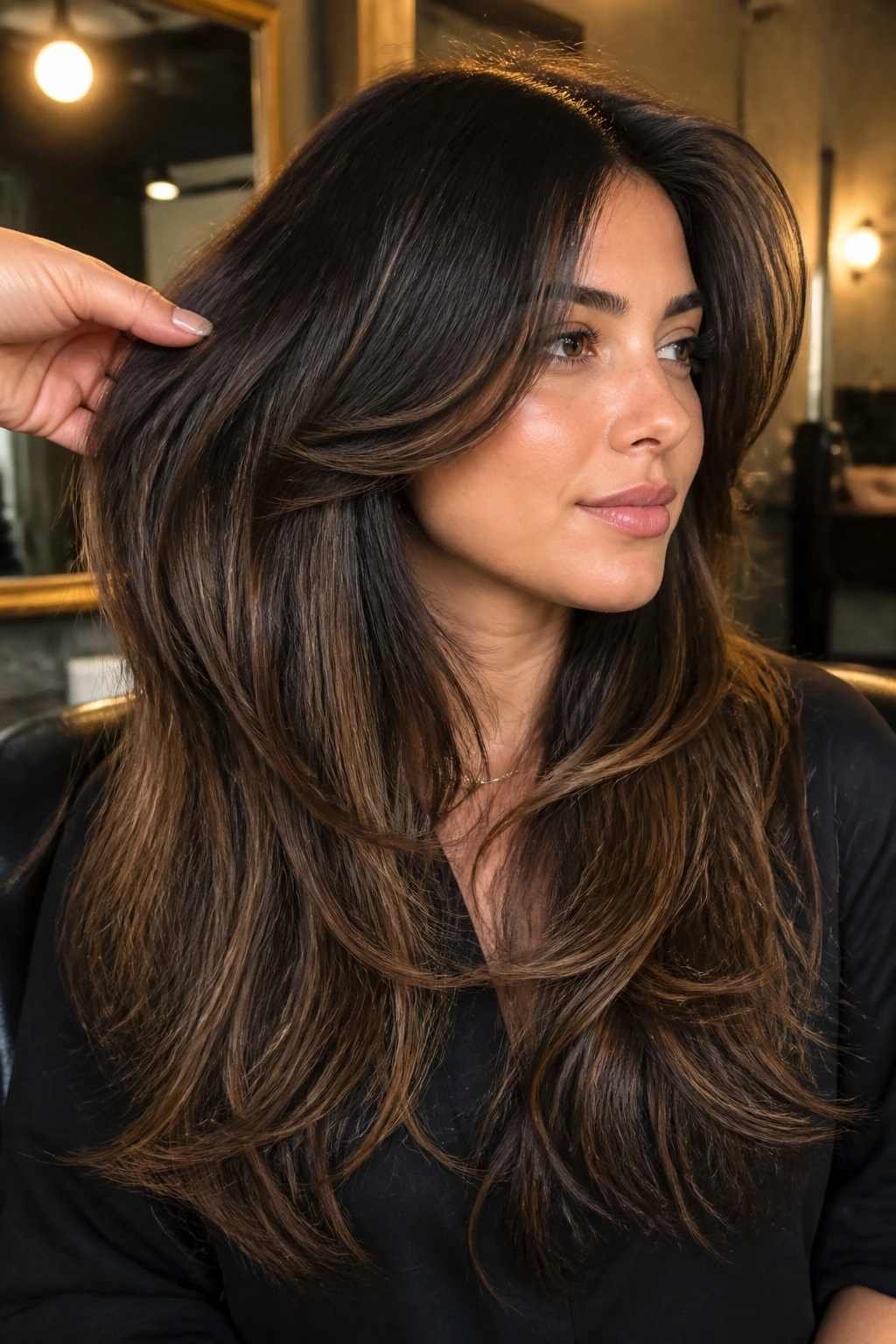 Portrait of a real woman with internal layers in thick hair.