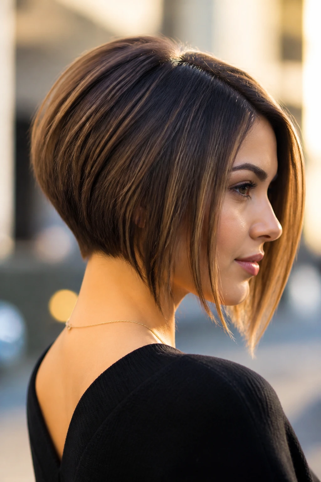 Portrait of a woman with inverted A-line bob featuring back lift.
