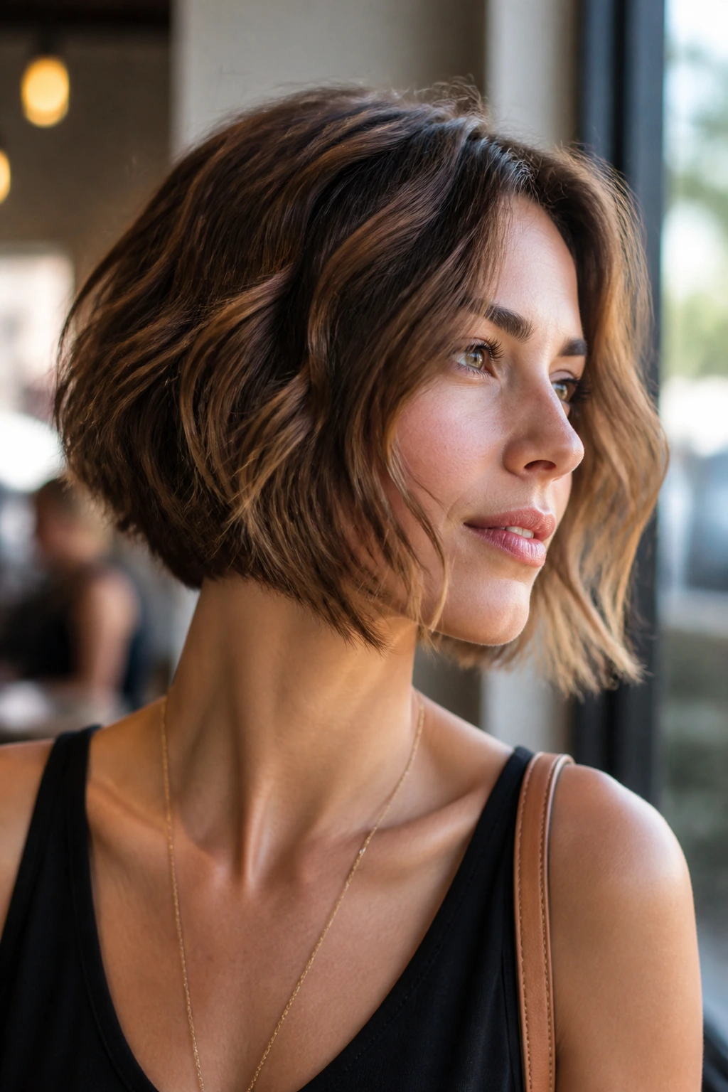 Portrait of a woman with inverted A-line bob highlighting jawline and neck