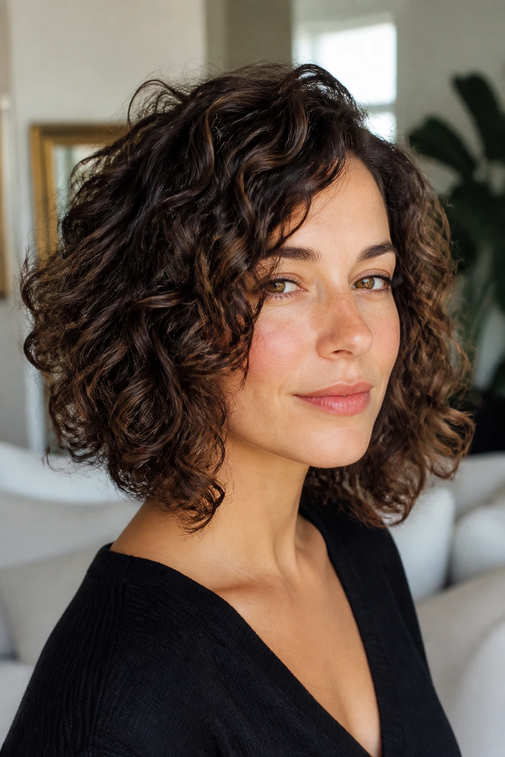 Close-up portrait of a real woman with an inverted A-line curly bob framing the cheeks.