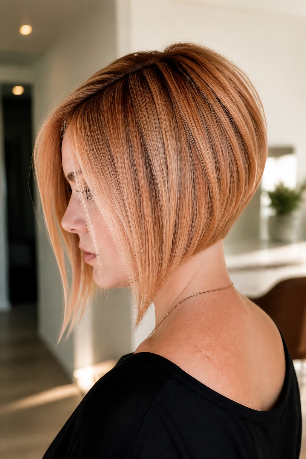 Three-quarter view of a real woman with inverted bob showing a sharp back angle
