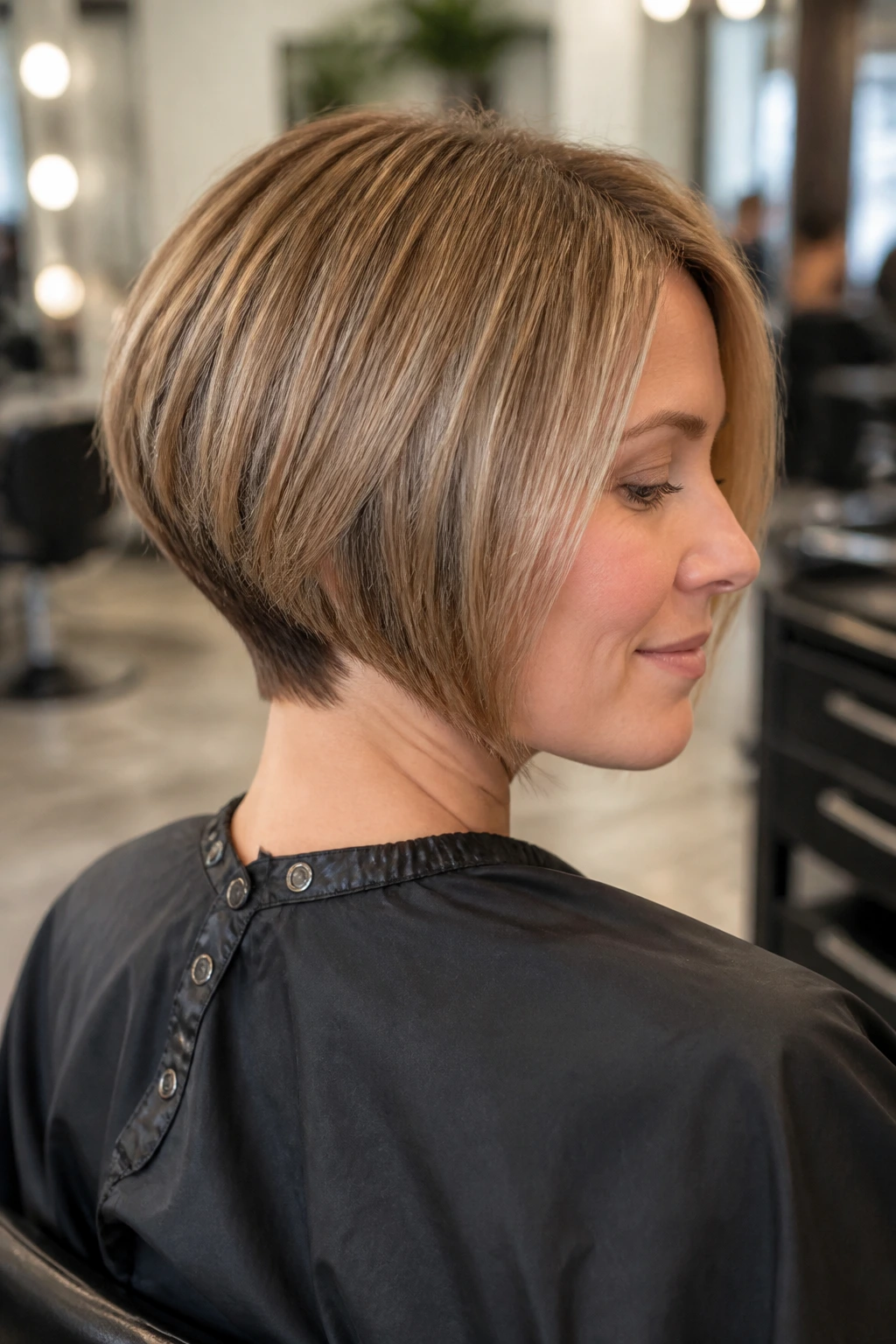 Real client in salon chair showing nape angle and side profile