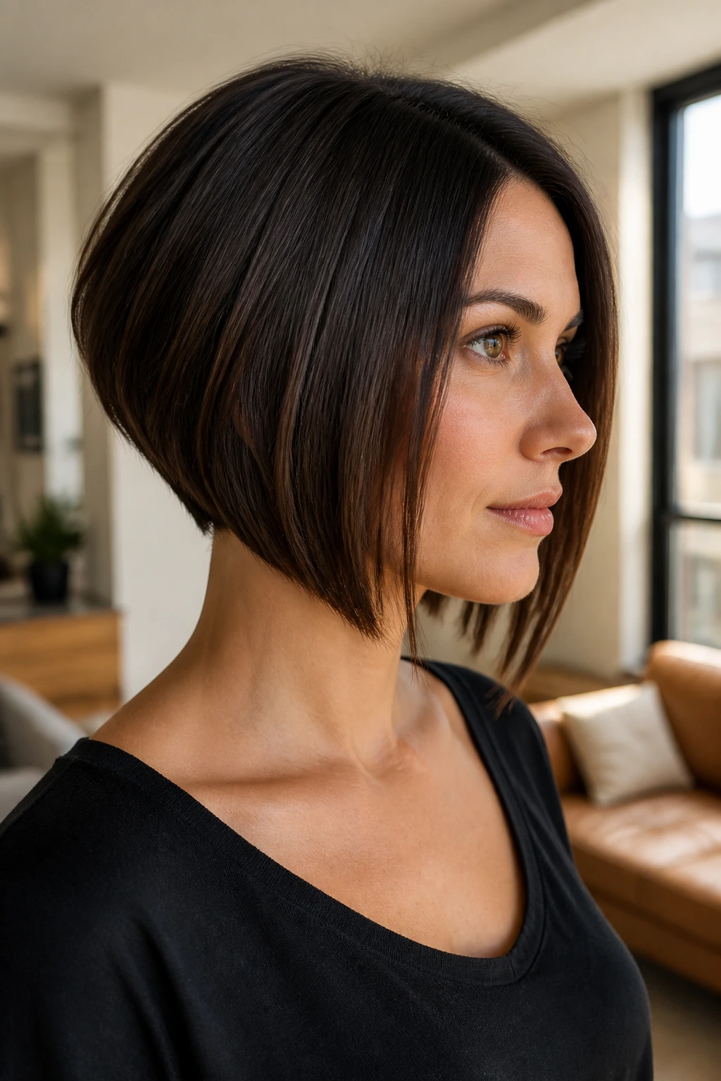 Close-up of a woman with an inverted bob and angled front in warm window light