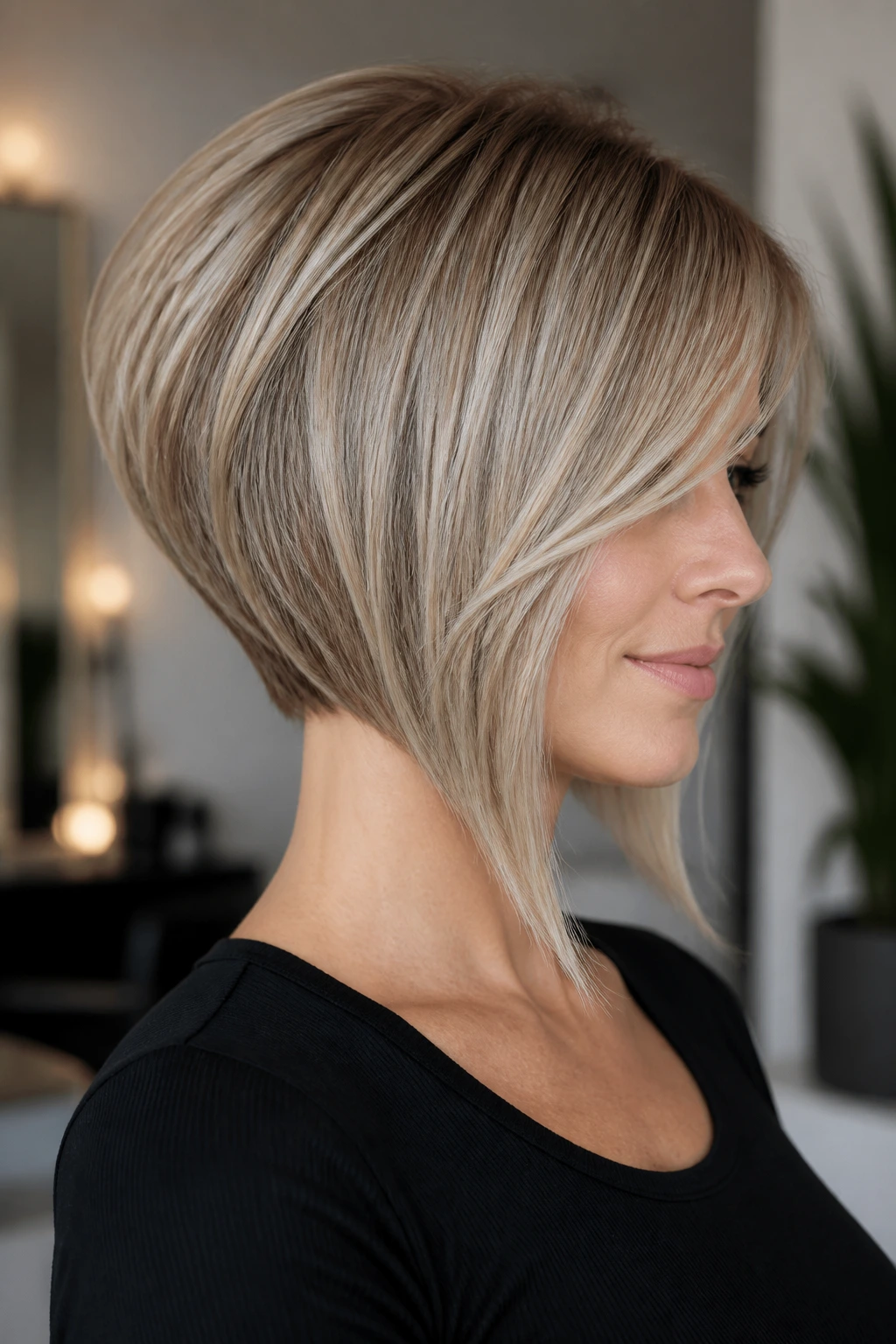 Real woman with an inverted bob showing stacked back and ash beige highlights.