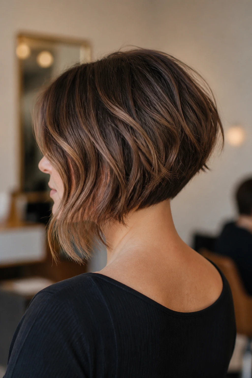 Three-quarter rear-view portrait of a woman with inverted bob and lifted back