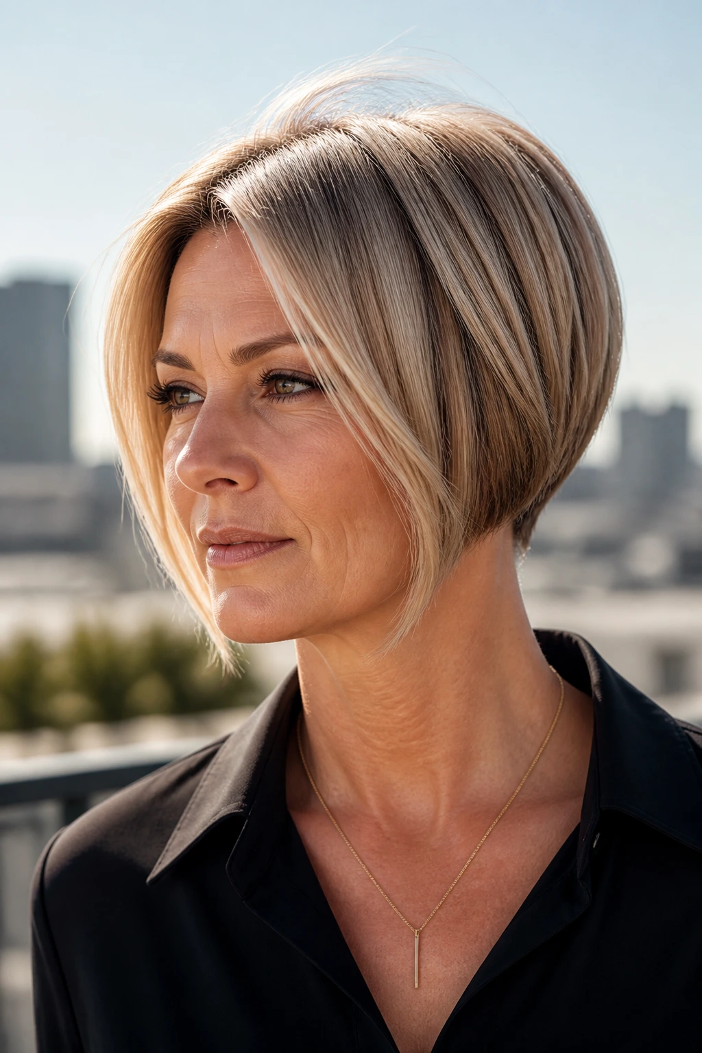 Close-up portrait of a real woman with an inverted bob showing back lift and longer front.