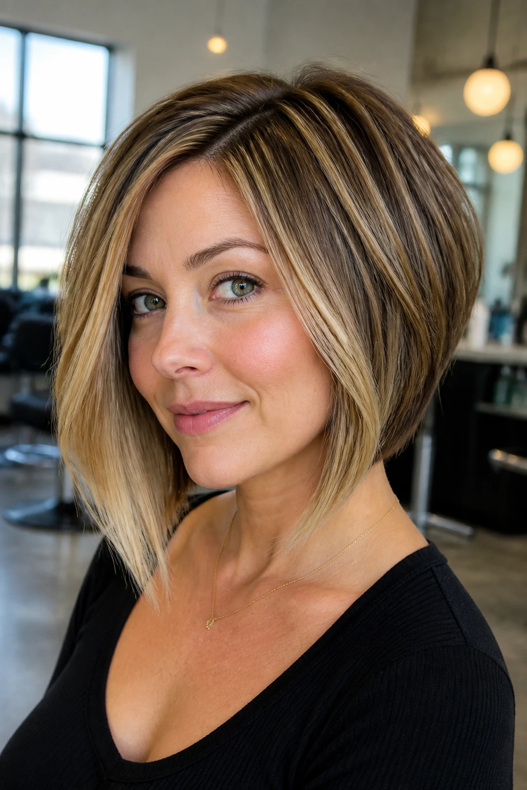 Close-up portrait of a real woman with an inverted bob and balayage ribbons near the front in a bright salon