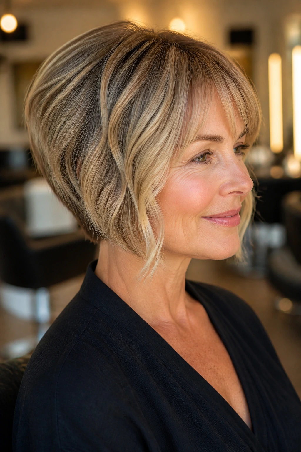 Close-up portrait of a real woman with an inverted bob and face-framing bangs.