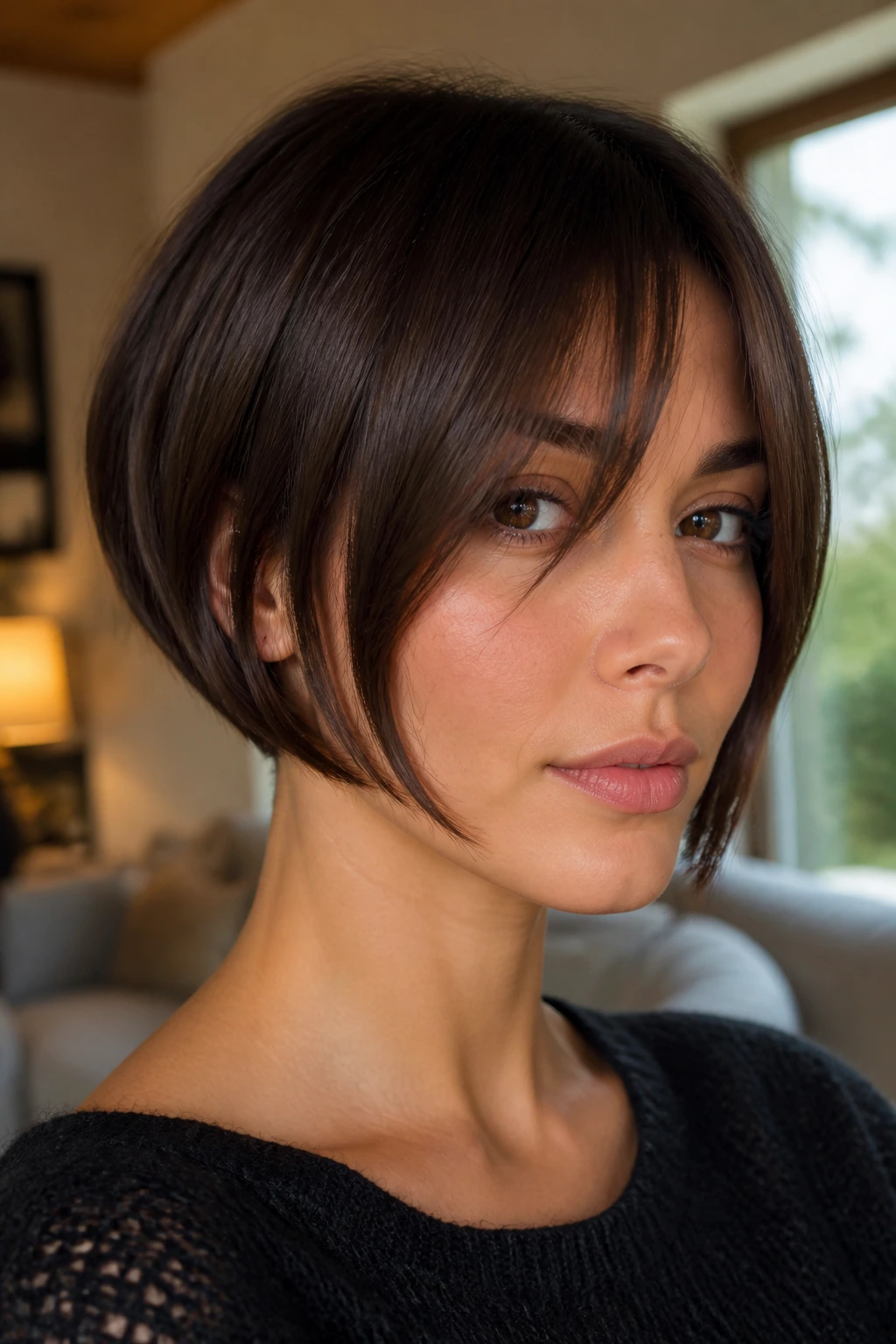 Close-up portrait of a real woman with a micro-inverted bob and long bangs under warm window light