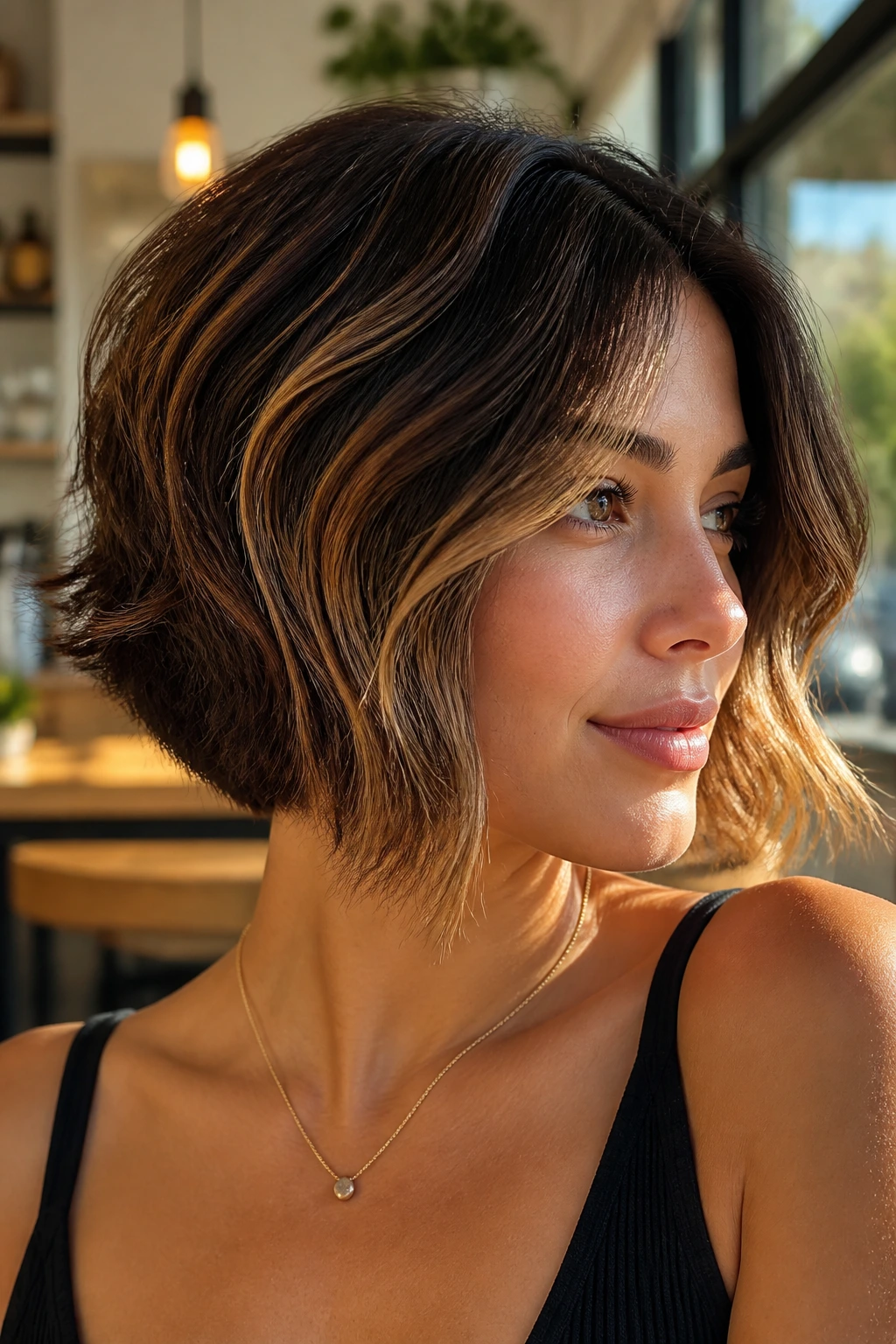Close-up of brunette woman with Sunlit Inverted Bob highlighted by front angles