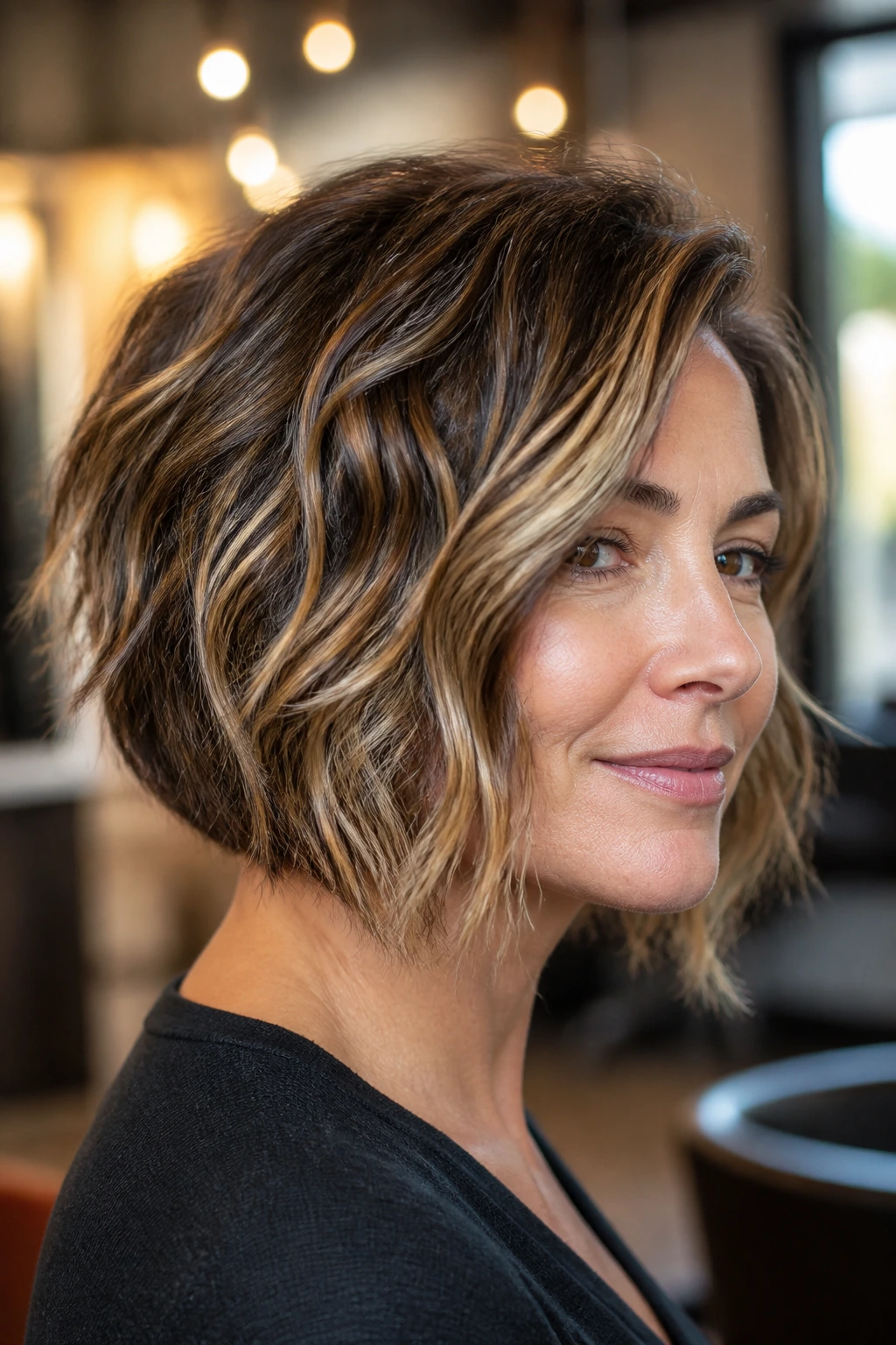 Real person with inverted bob and caramel highlights in a salon setting