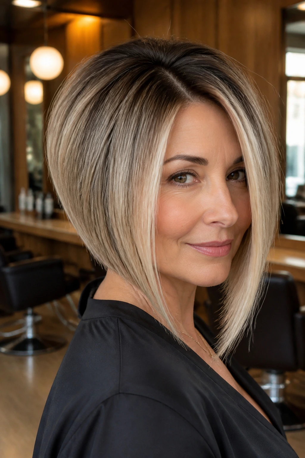 Close-up portrait of a real woman with an inverted bob and champagne root shadow