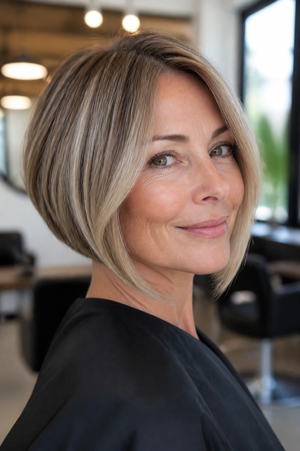 Close-up of a real woman wearing an inverted bob that lifts cheekbones