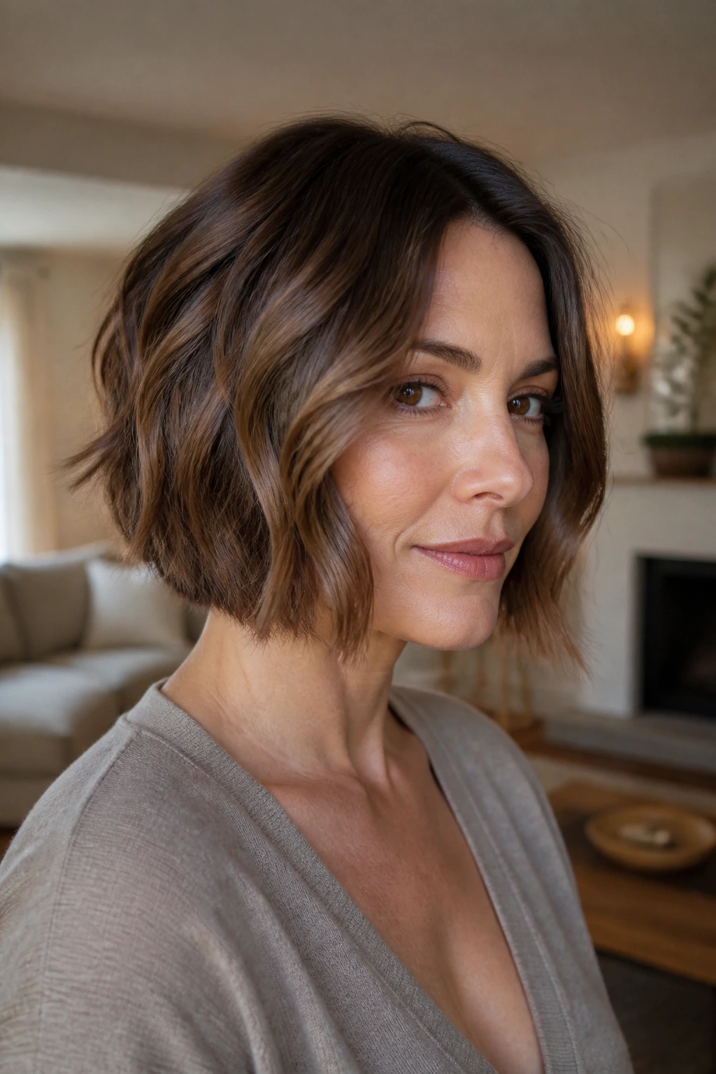 Close-up of chin-skimming inverted bob with chestnut lowlights on a real woman