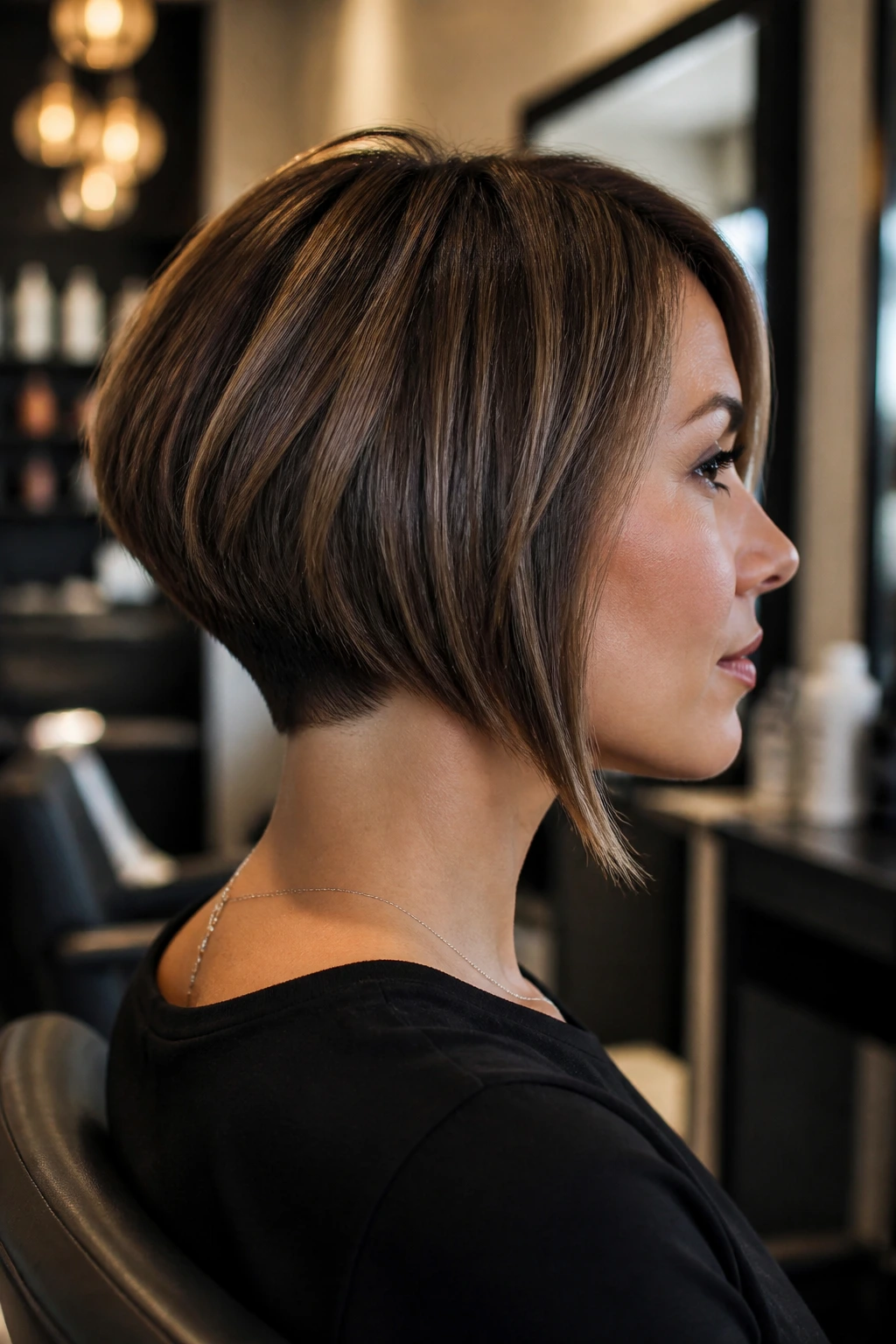Three-quarter portrait of real woman with inverted bob and clean nape