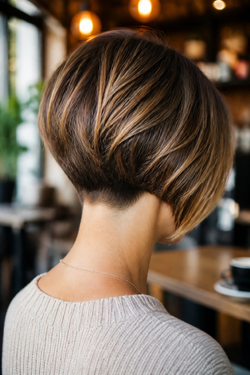 Back view of a real woman with inverted bob and a clean nape, caramel highlights.