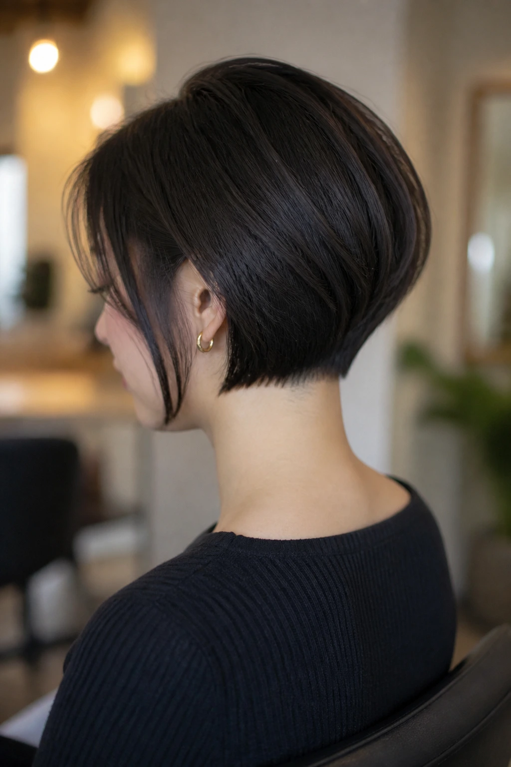 Three-quarter view of inverted bob with clean nape on a real person