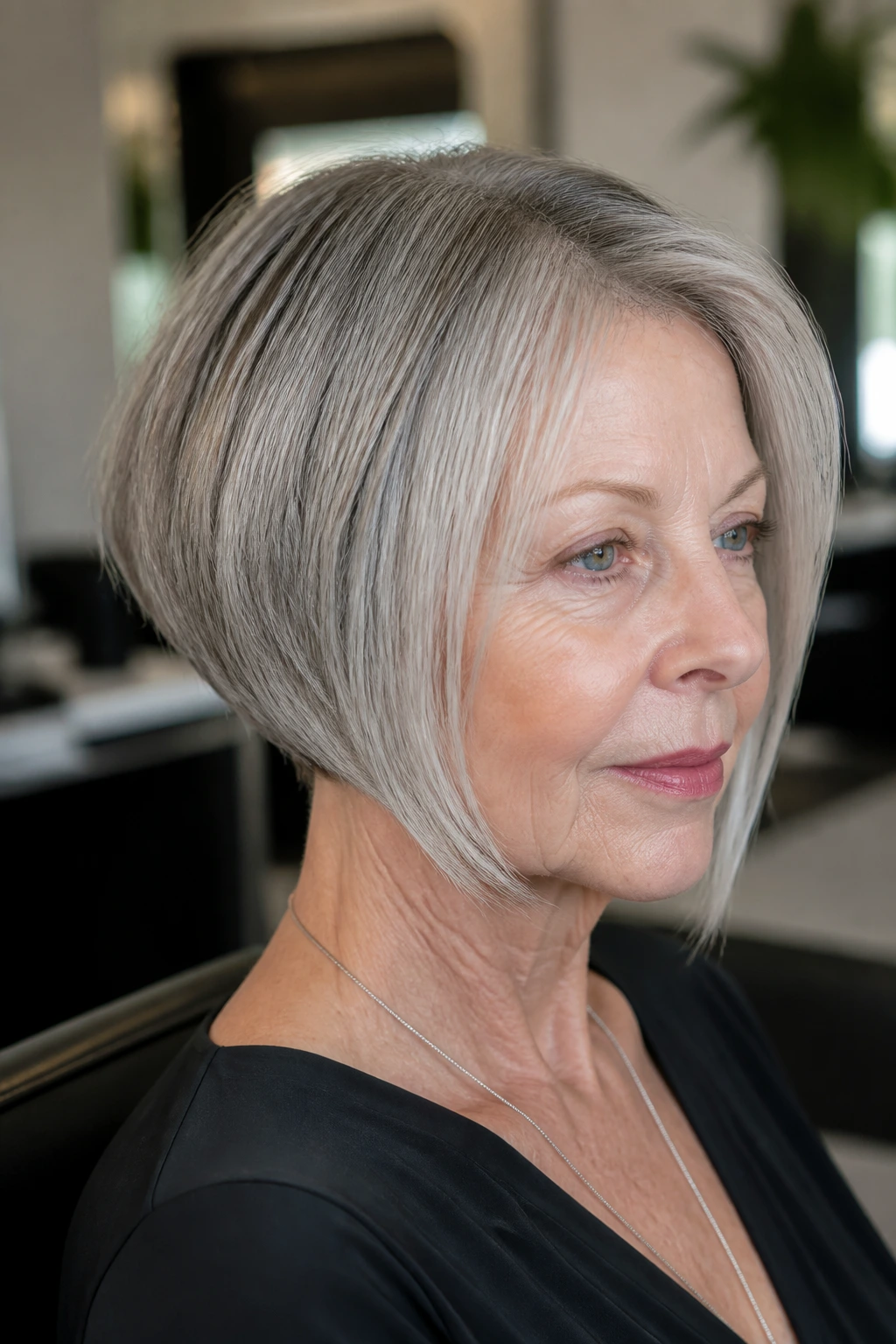 Close-up of real woman with inverted bob cut in a salon consultation
