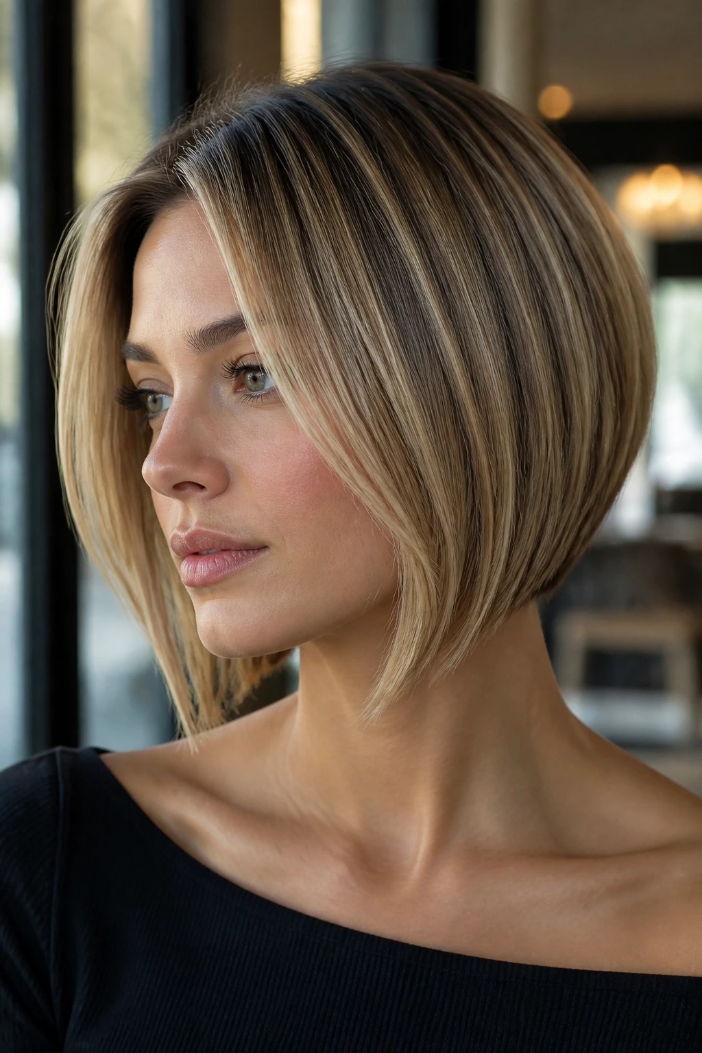 Portrait of a woman with an inverted bob and crisp ends, caramel front highlights