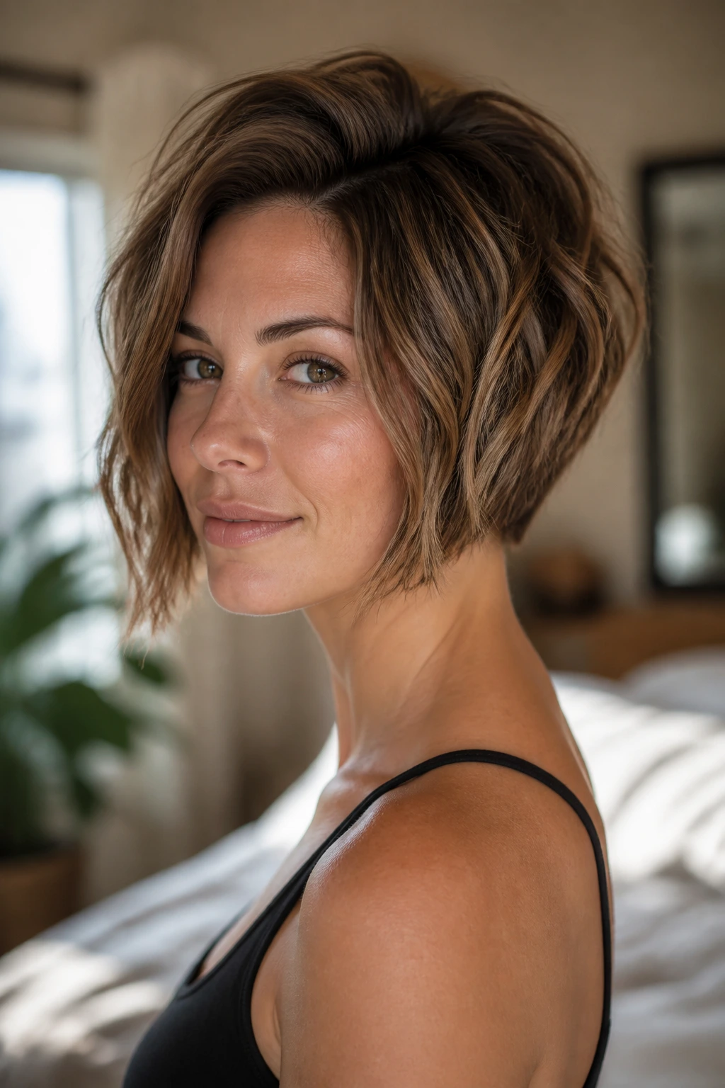 Real woman with inverted bob and crown lift in warm light