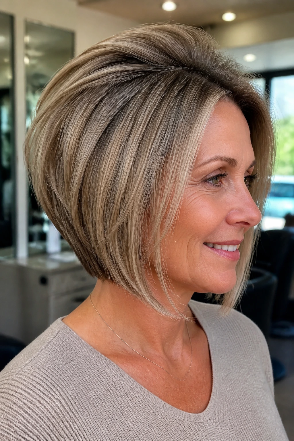 Close-up of a woman with an inverted bob and crown lift.