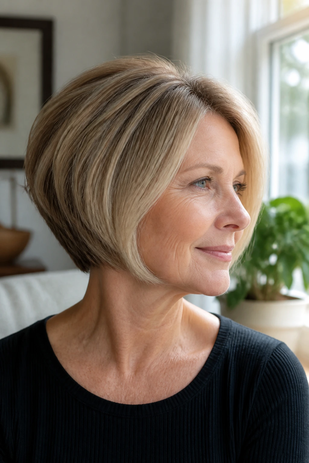 Close-up portrait of a real woman with inverted bob and crown lift in bright room