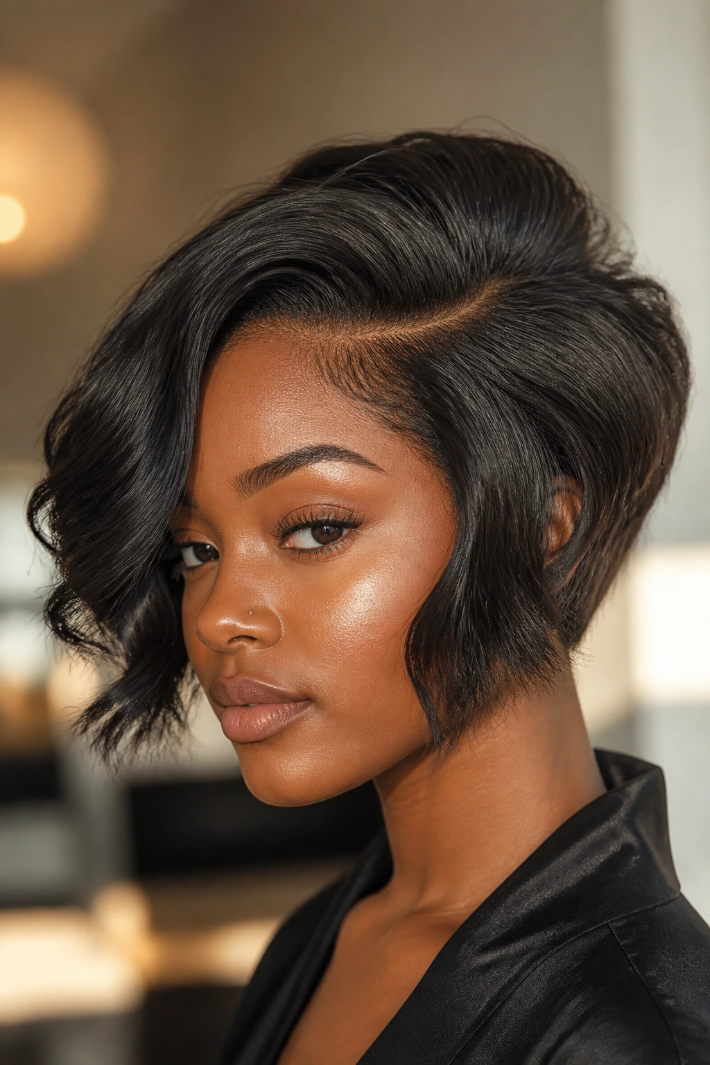 Close-up of real Black woman with inverted bob and crown volume in warm light
