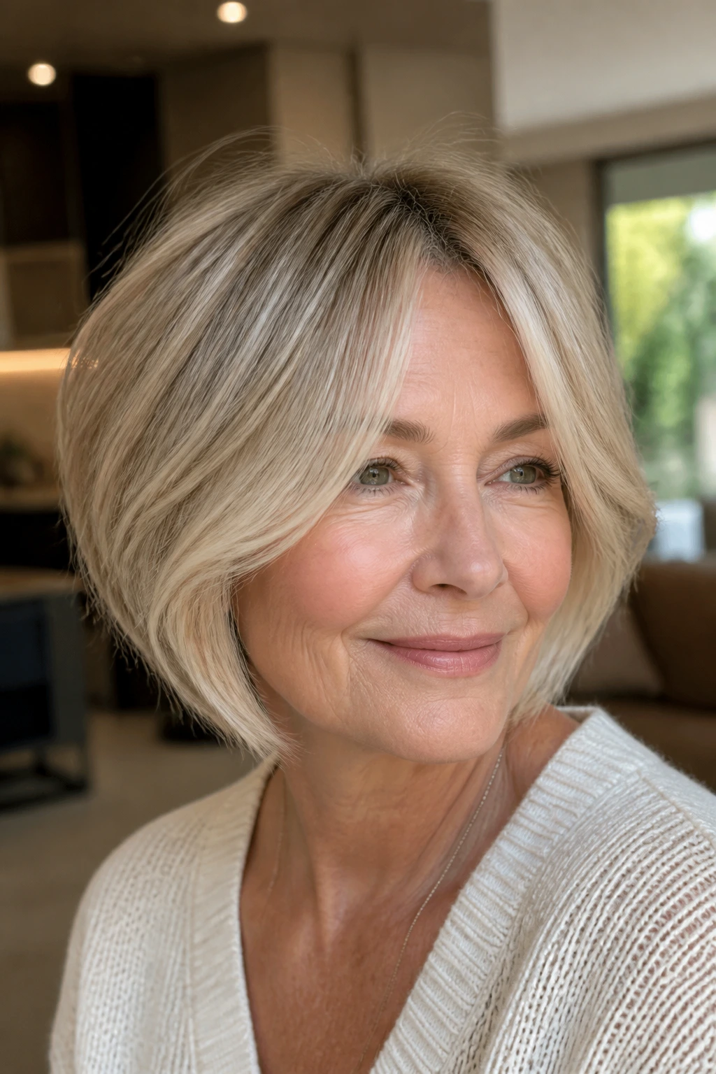 Close-up of a real woman with curtain bangs in an inverted bob