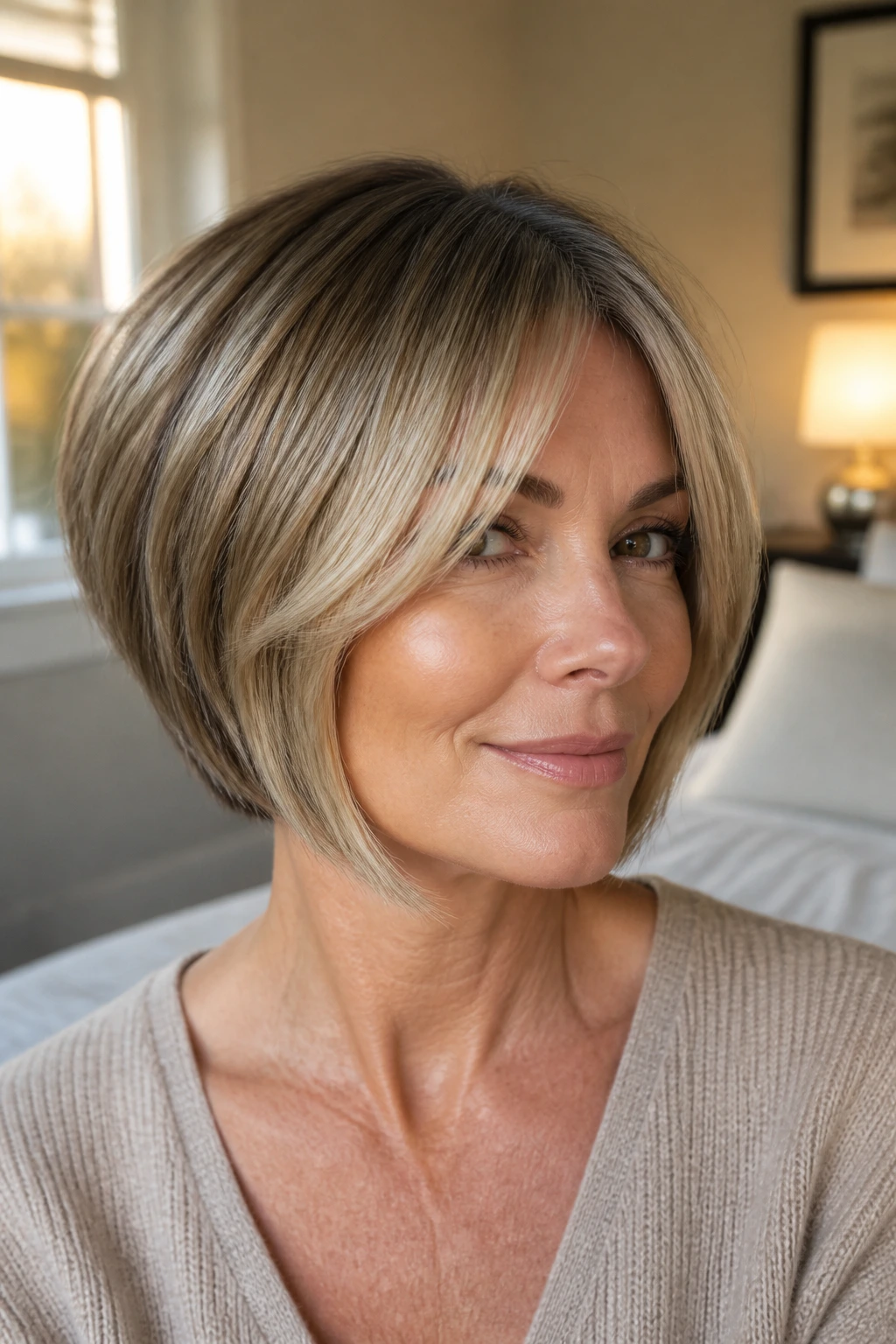 Close-up portrait of a real woman with an inverted bob and soft curtain bangs, glossy front panels catching warm window light