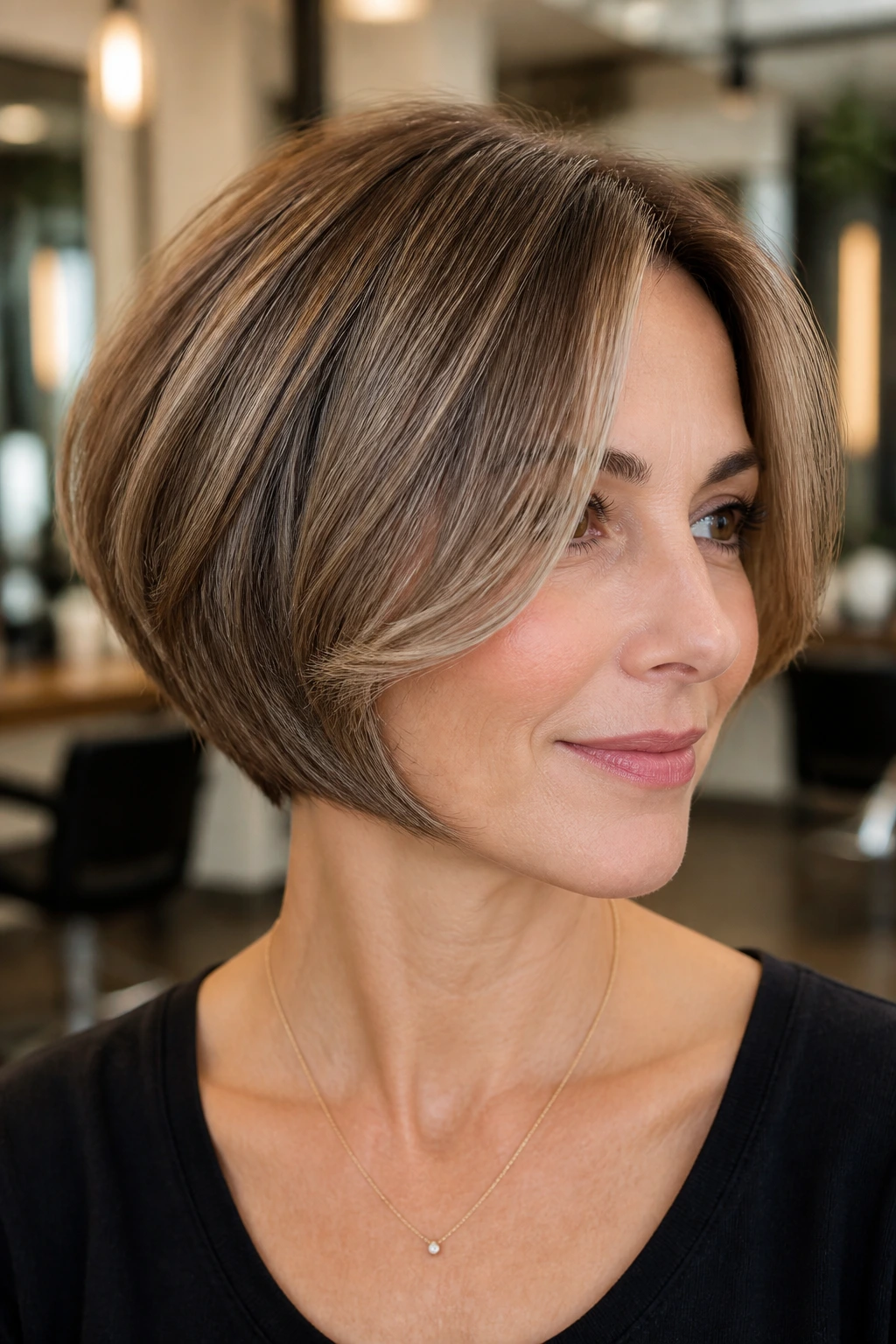 Portrait of a real woman with inverted bob and cheekbone-grazing curtain bangs in warm salon light