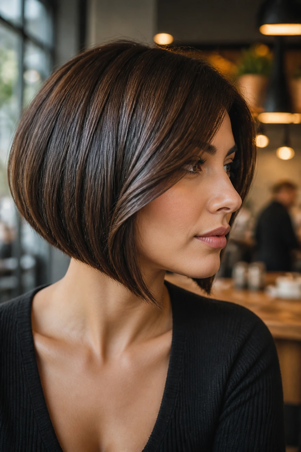 Close-up of a real woman with an inverted bob and curved side bang.