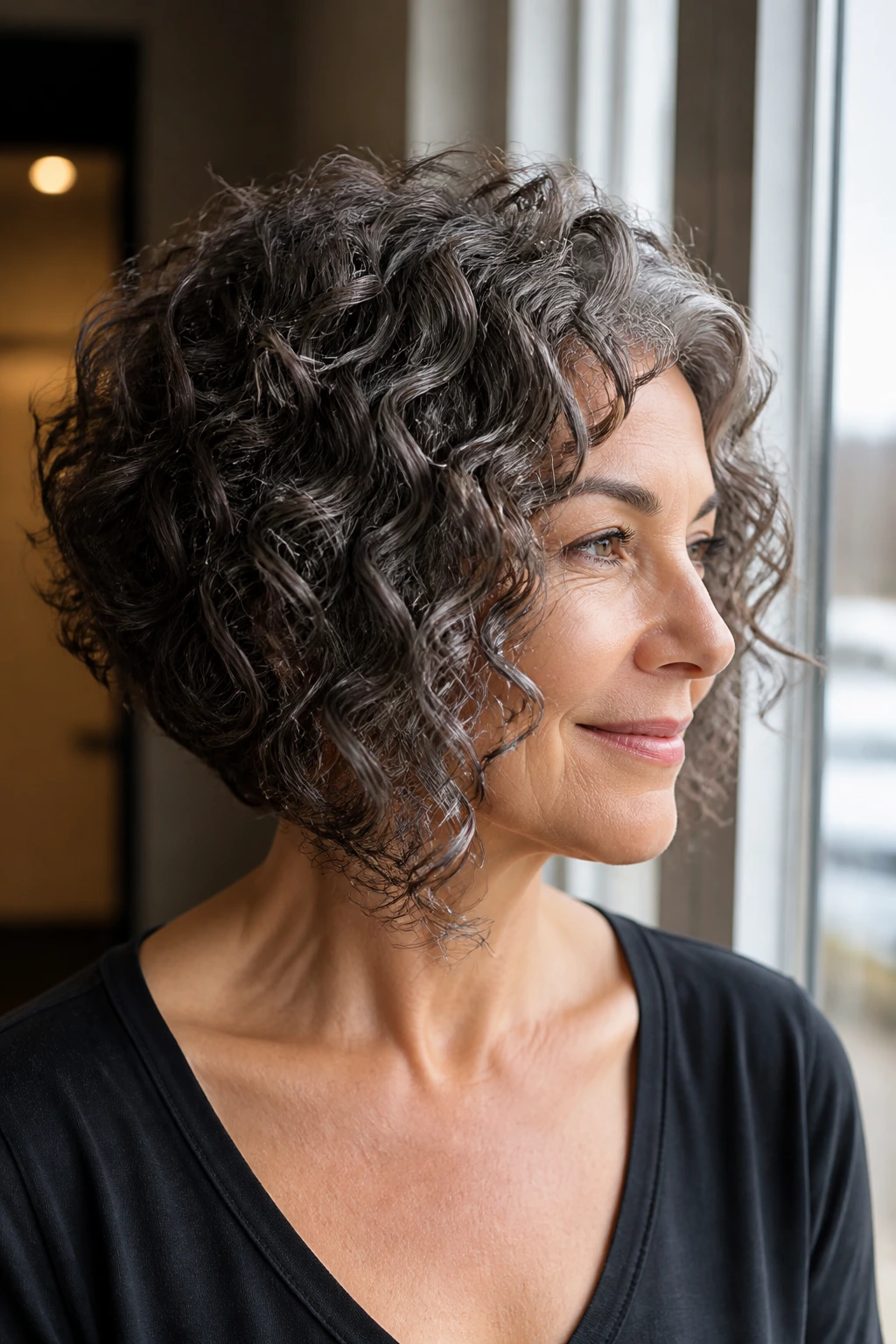 Close-up of a real woman with an inverted bob and dense curls.