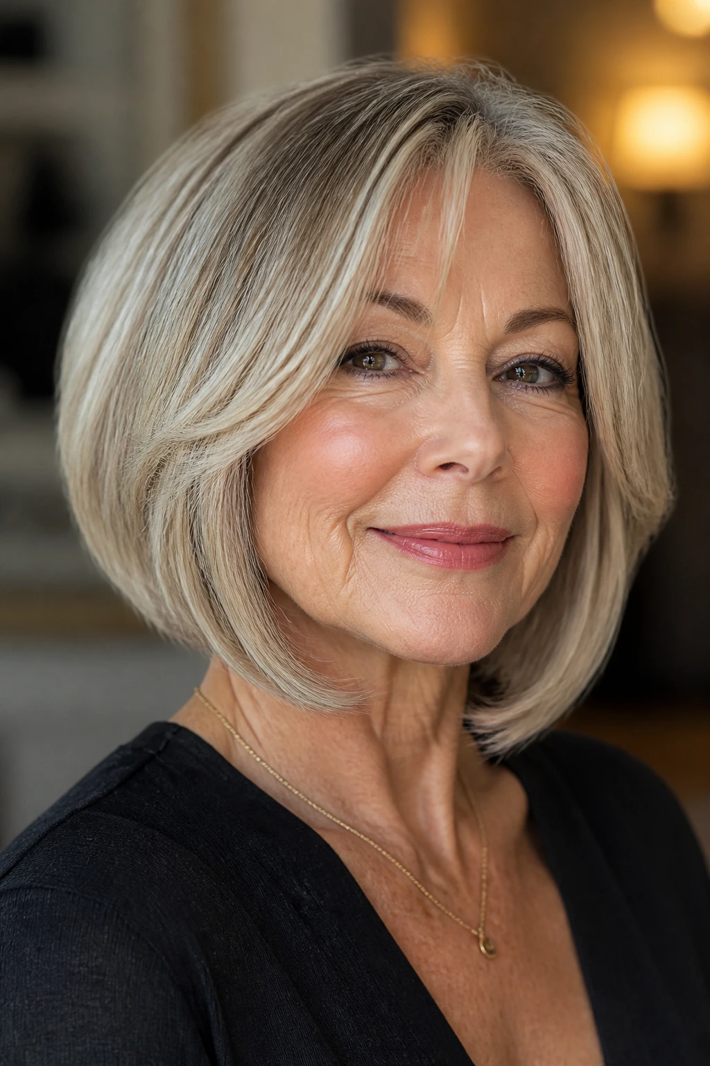 Close-up portrait of a real woman with an inverted bob and soft face frames