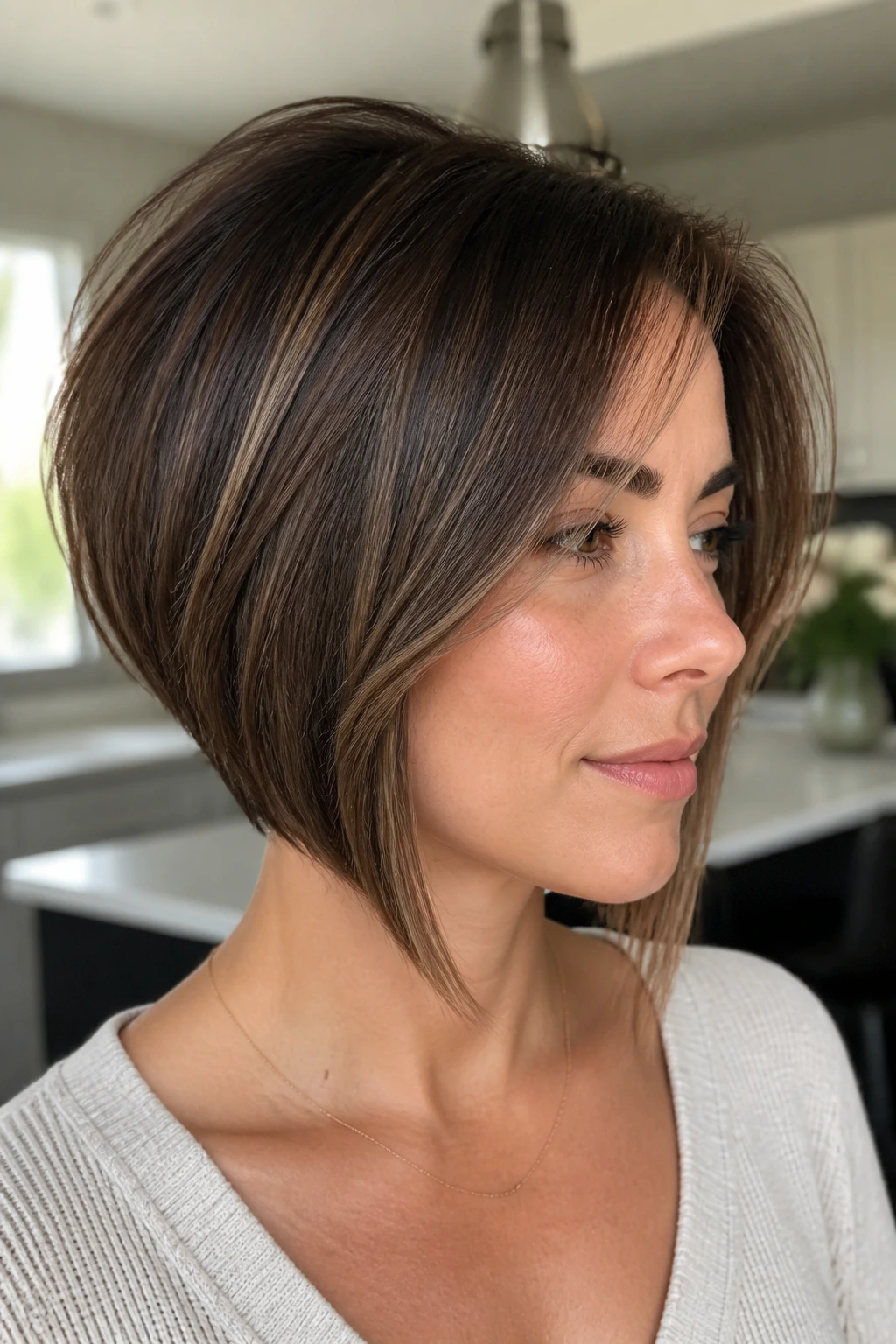 Close-up of a real person with inverted bob and face-framing fringe in bright home light