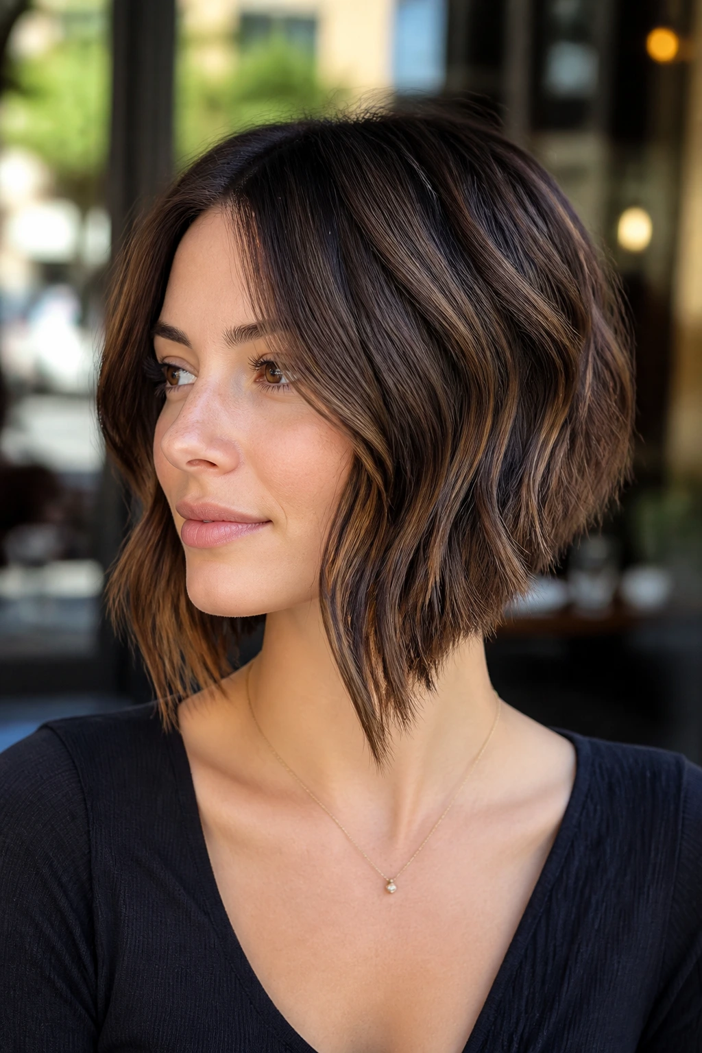Close-up of a real woman showing an inverted bob with longer front pieces and darker lowlights.