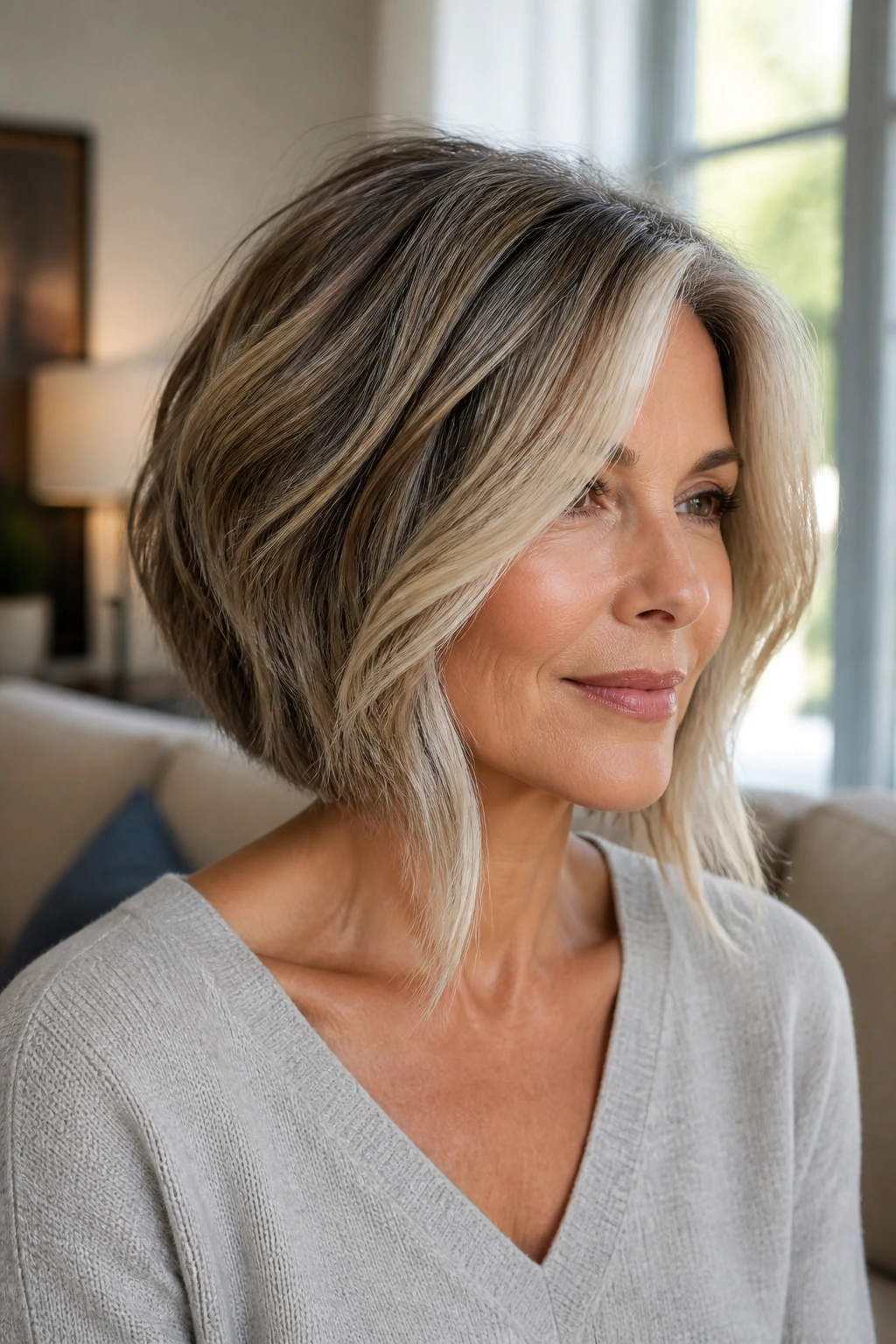 Close-up of a real woman with an inverted bob and feathered front pieces