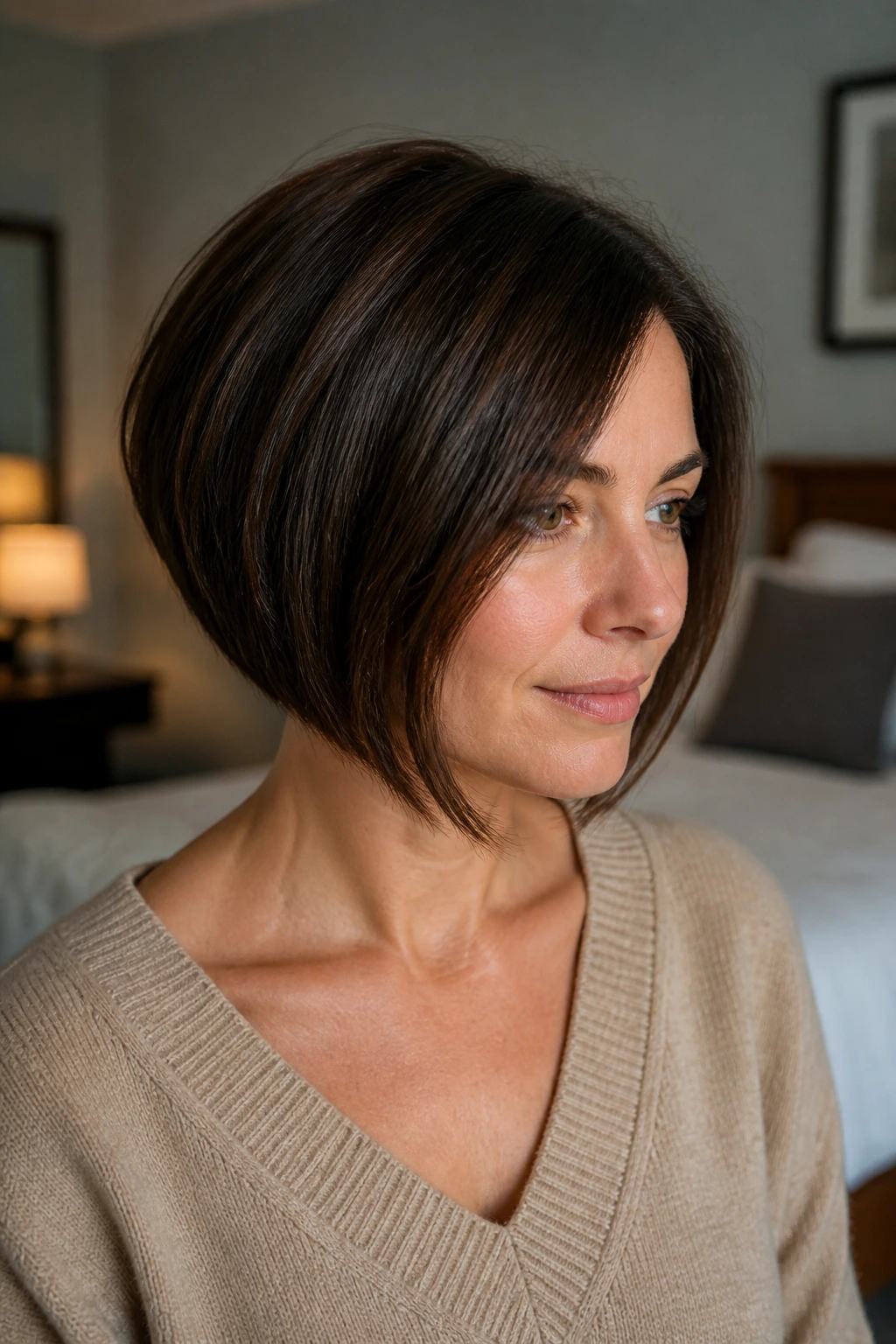 Three-quarter view of a woman with a soft inverted bob and gentle stack.