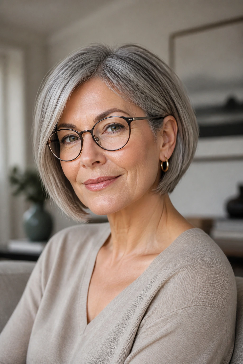 Portrait of a woman with an inverted bob wearing glasses and small hoops.