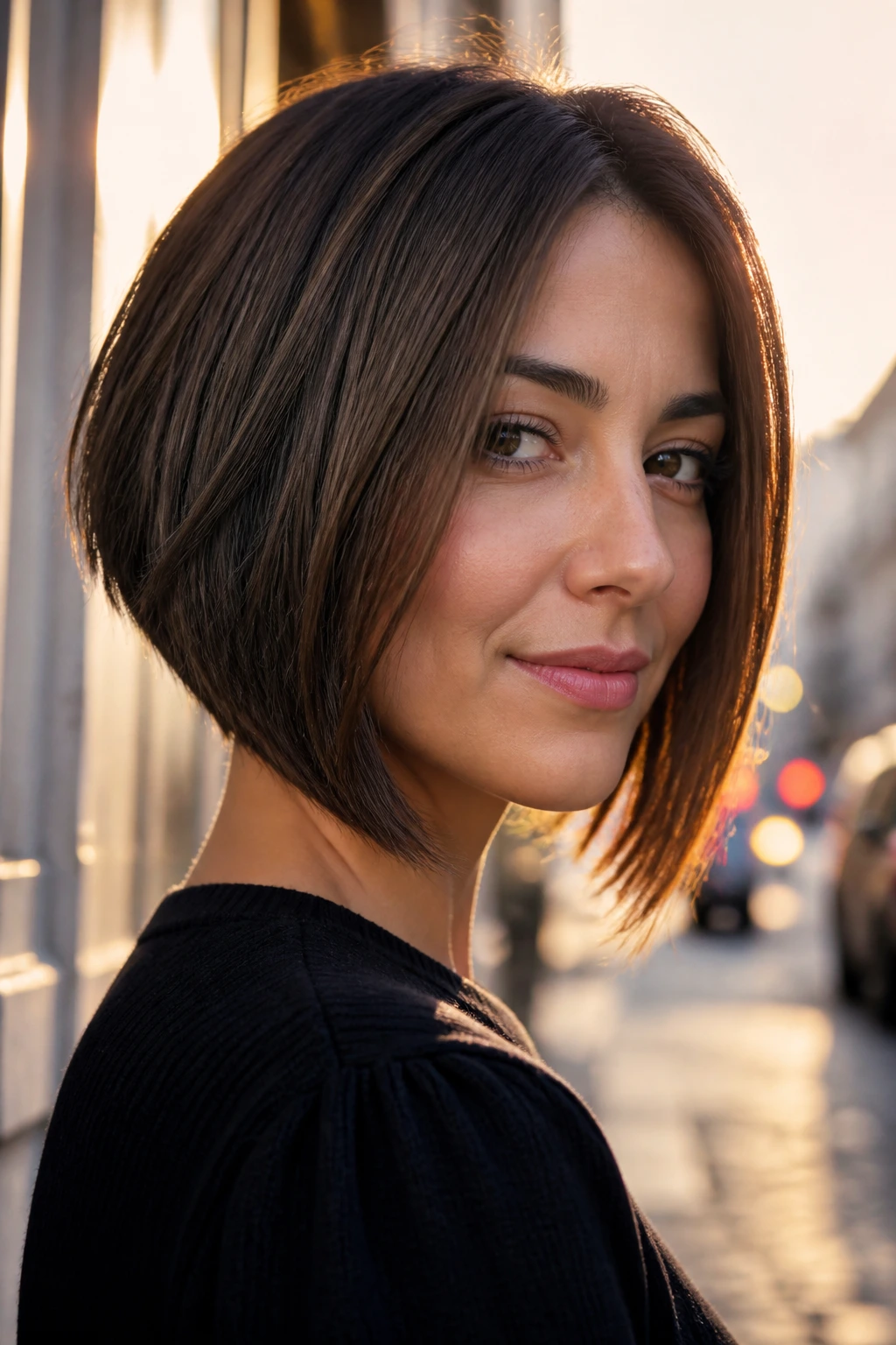 Close-up portrait of a real woman with an inverted bob against an urban sunset backdrop