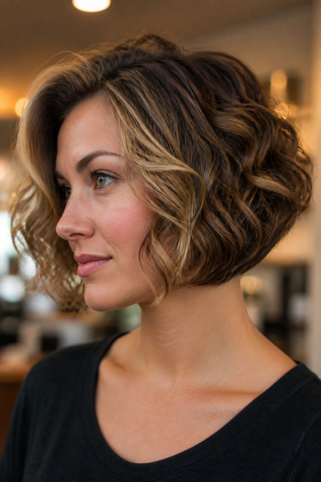 Real woman with jaw-length inverted bob and hazelnut lowlights under the neck area