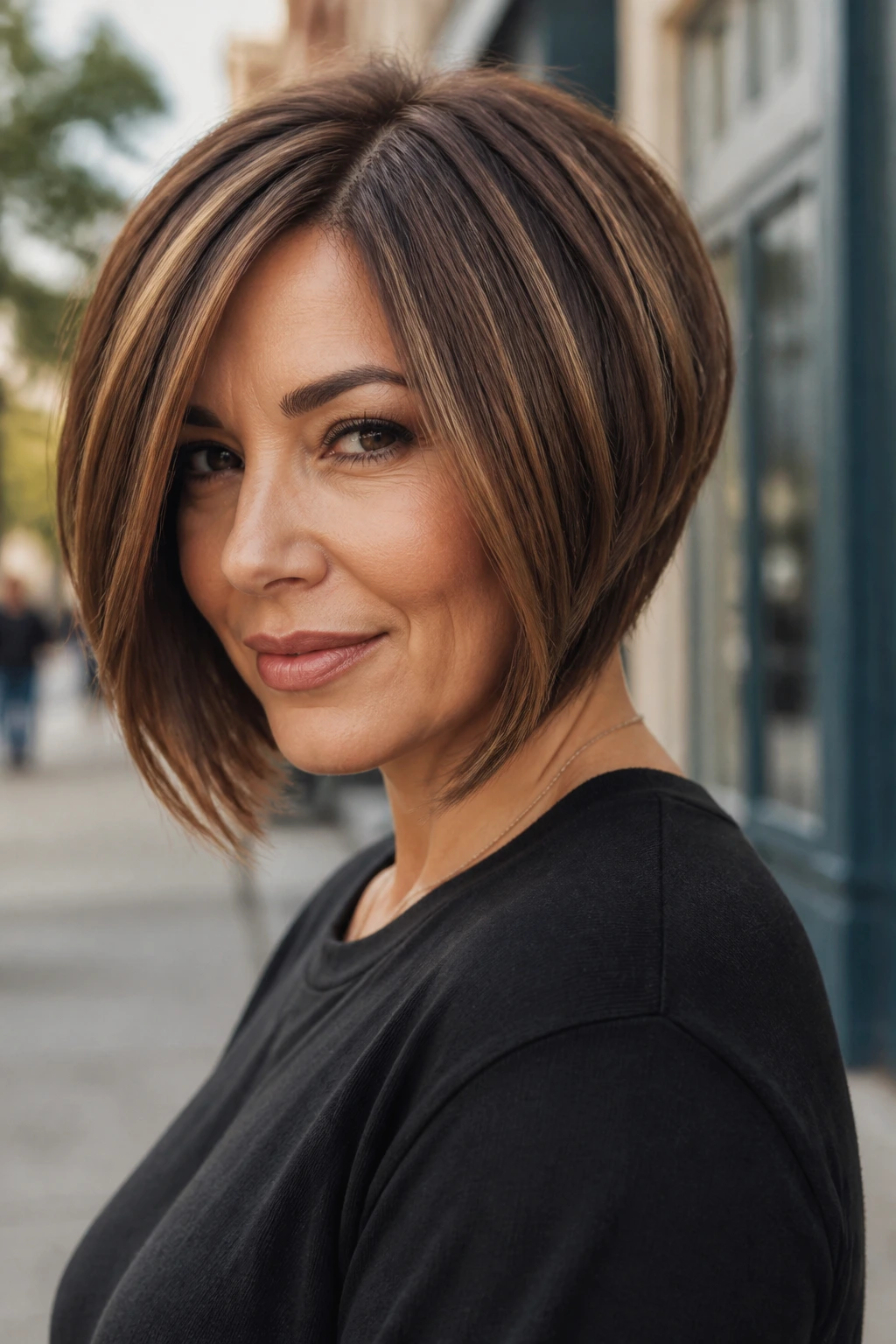 Close-up of real woman with inverted bob and honey brown lowlights on urban street lighting.