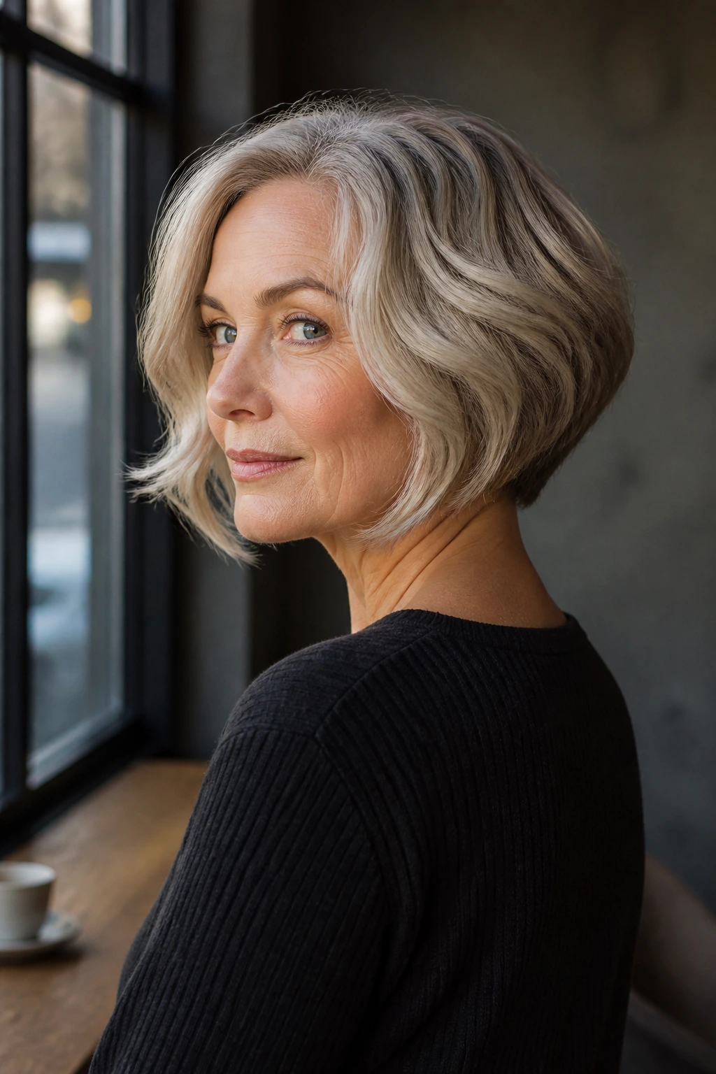 Three-quarter portrait of a real woman with inverted bob showing back lift